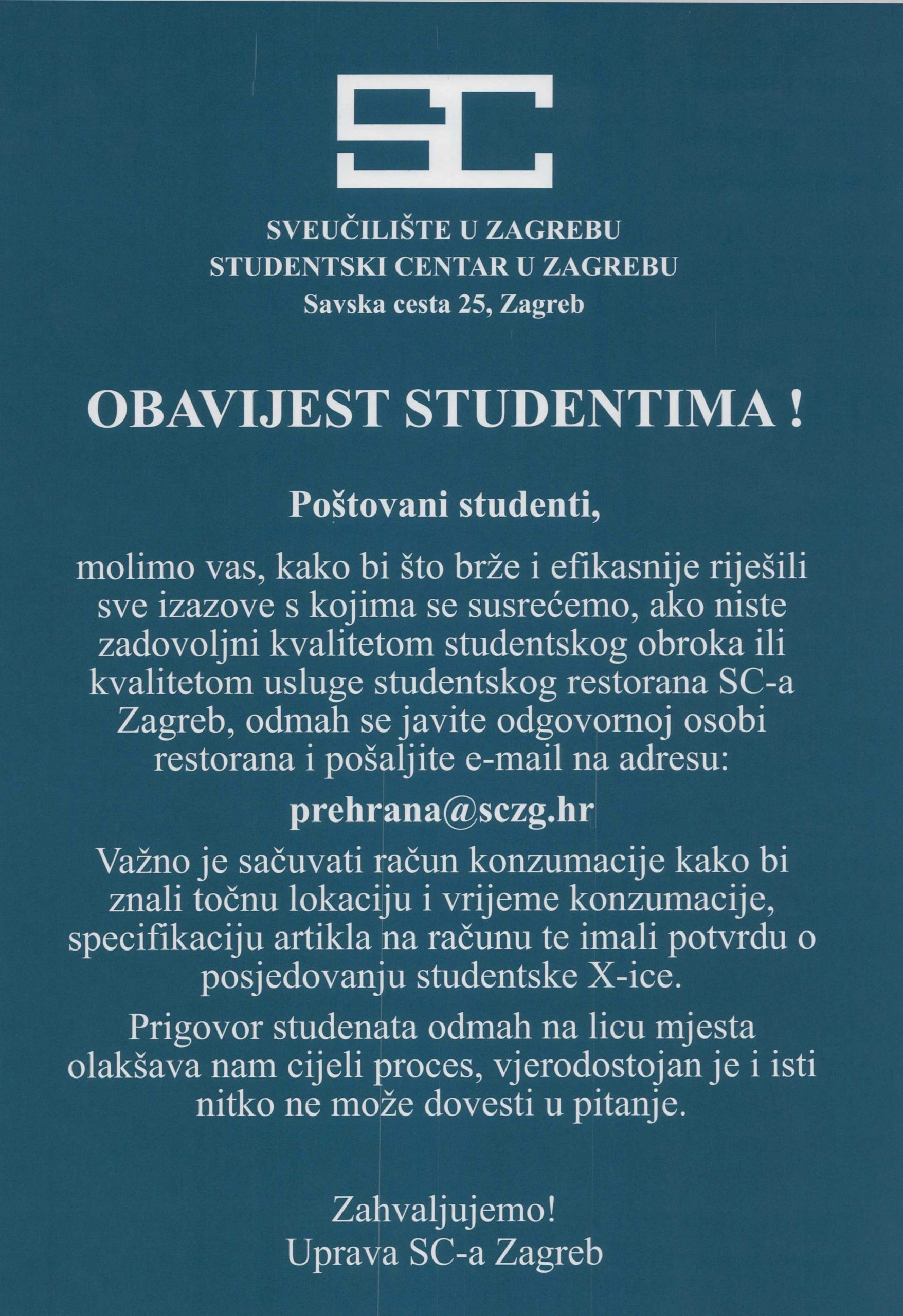 Obavijest studentima o načinu davanja prigovora na konzumaciju u restoranu